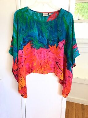 CHICO’S Silk Batik Kaftan Poncho Tropical Top Size Large